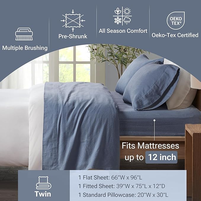 True North by Sleep Philosophy Cozy Flannel Warm 100% Cotton Sheet - Novelty Print Animals Stars Cute Ultra Soft Cold Weather Bedding Set, Twin, Blue Solid 3 Piece