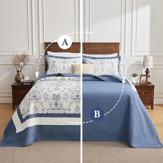 Oversized California King Bedspread - 100% Cotton Lightweight Quilted Coverlet - Soft Reversible Bedding, Medallion Floral Design - Includes 1 Bedspread (128x120)+2 Pillow Shams Blue/White