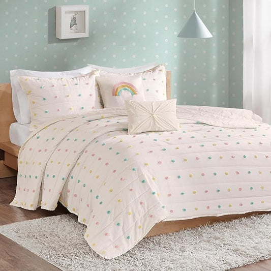 Intelligent Design Kids Quilt Set Cotton Jacquard Weave Colorful Poms Accent All Season Shabby Chic Bedding Coverlet Bedspred, Girls Bedroom Décor, Full Queen, Ivory 5 Piece