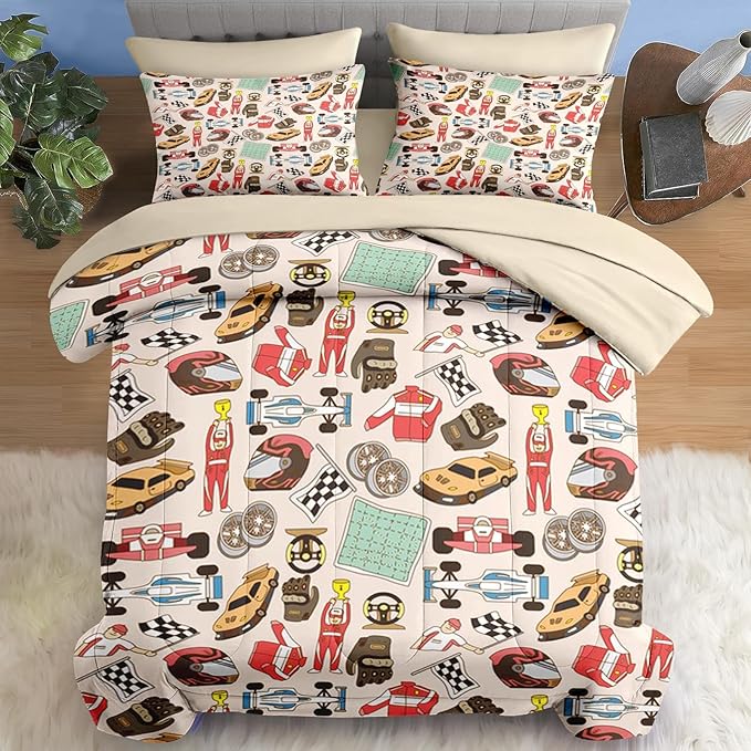 Comforter Set Twin Size, Racing Car Competition 5 Pcs Bedding for Kids and Adults, Race Game Cute Wheel Bed Sheet Sets with Fitted Sheet Pillowcase & Sham for Bedroom Bed Decor
