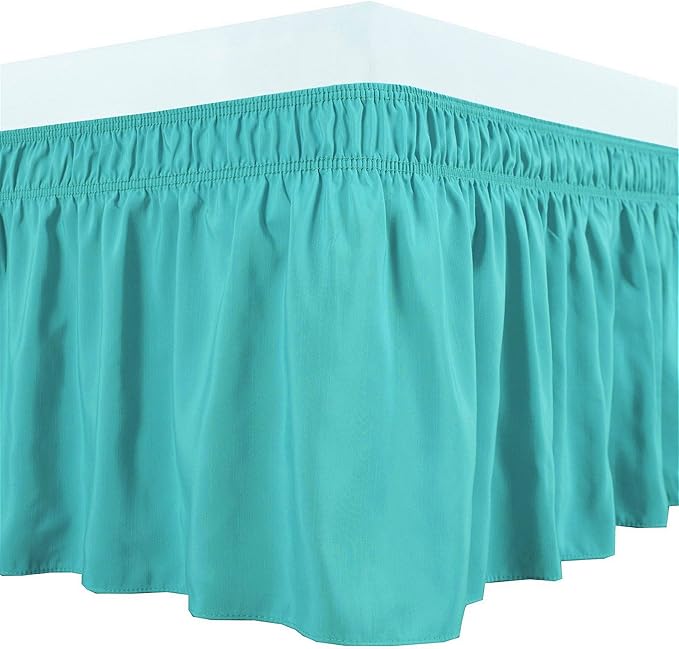Wrap Around Bed Skirts Elastic Dust Ruffles, Easy Fit Wrinkle and Fade Resistant Silky Microfiber Fabric Solid Color Bedskirt, 12 Inch Tailored Drop Aqua for Olympic Queen Size Bed Skirt