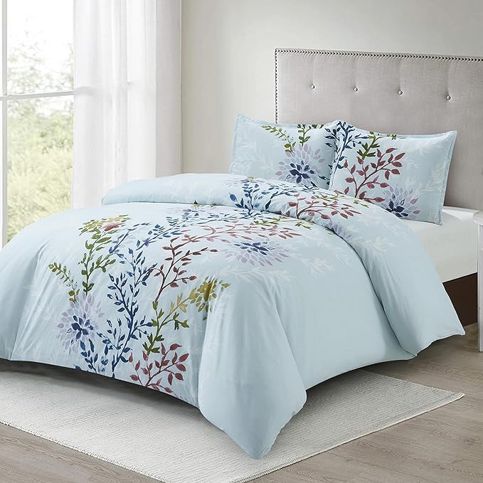 Style Quarters 3PCS King Duvet Cover Set 100% Cotton Duvet Cover with White Leafy Silhouettes Cotton Duvet Cover King Size Machine Washable Includes 1 Duvet Cover + 2 Shams (King)