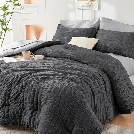 HYMOKEGE Dark Grey/Light Grey Twin XL Comforter Set Seersucker 5 Pieces, All Season Luxury Bed in a Bag for Bedroom, Bedding Set with Comforter, Sheets, Pillowcase & Sham