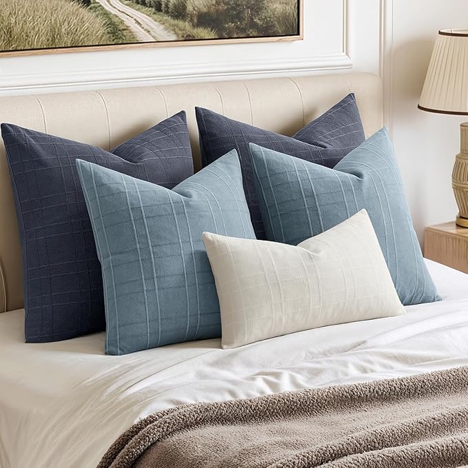 MIULEE Decorative Linen Check Throw Pillow Covers Neutral Farmhouse Vintage Pillow Covers 18x18 Set of 2 Boho Modern Home Decor for Sofa Couch Bedroom Cushion Navy Blue