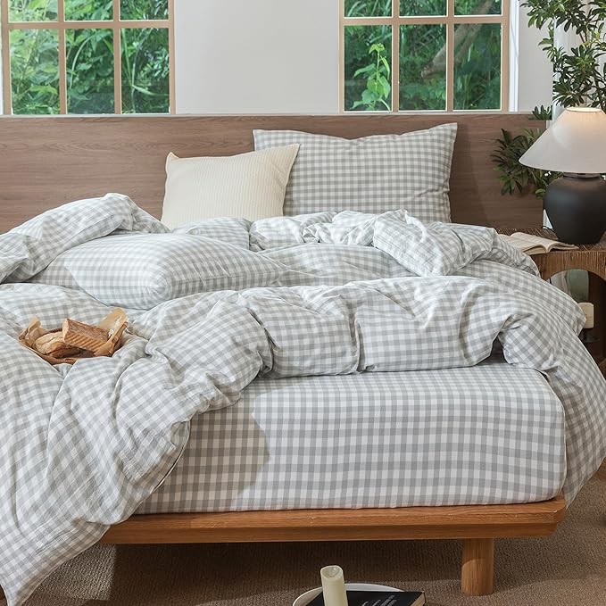 MooMee Gingham Duvet Cover Set 100% Washed Cotton Linen Like Textured Breathable Durable Soft Comfy Modern Checkered Design (Northern Droplet Grey Gingham, King 104"x90")