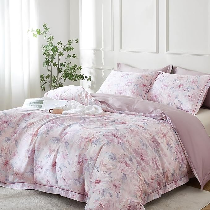 OAITE Duvet Cover Set Twin Size Floral Pattern 600 Thread Count Ultra Soft 100% Long Staple Cotton Duvet Cover Sets 3-PC, Breathable Duvet Cover with Zipper Closure & Corner Ties