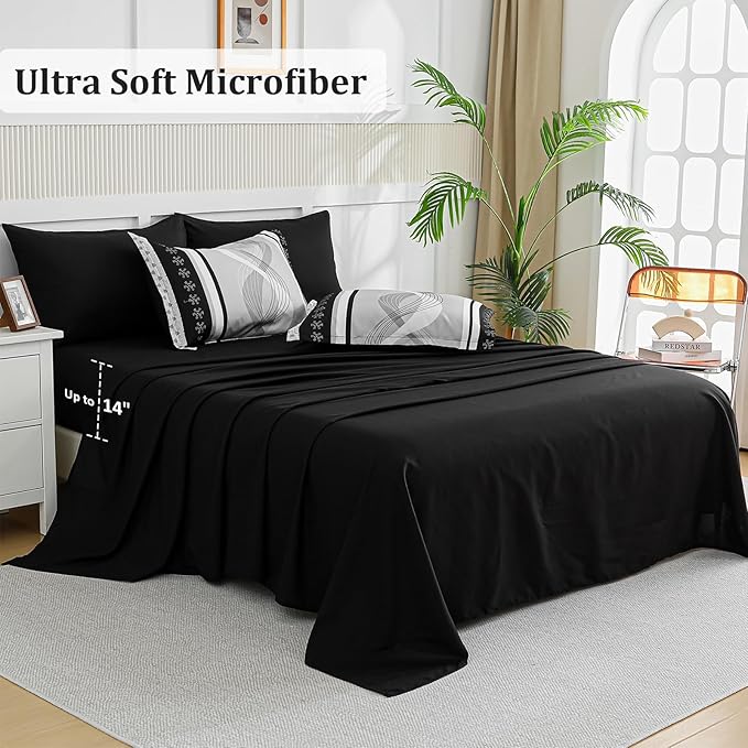 Anibedding Black Comforter Set Twin Size,6 Pieces Boho Bed in a Bag Patchwork Striped Comforter Set,Soft Microfiber Bedding Set for All Season(86"x68")