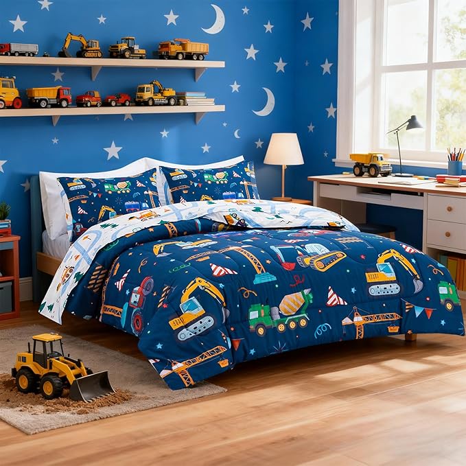 Holawakaka Trucks Tractors Cars Boy Bedding Comforter Set with Sheets, Full Size Cartoon Construction Car Excavator Print Kids Bed in A Bag 5-Piece, Boys Reversible Dorm Bed Sets (Navy Blue Full)
