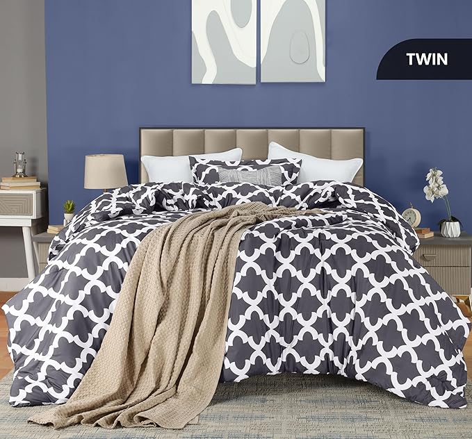 Printed Comforter Set (Grey, Twin) with 1 Pillow Sham - Luxurious Soft Brushed Microfiber - Goose Down Alternative Comforter by Utopia Bedding