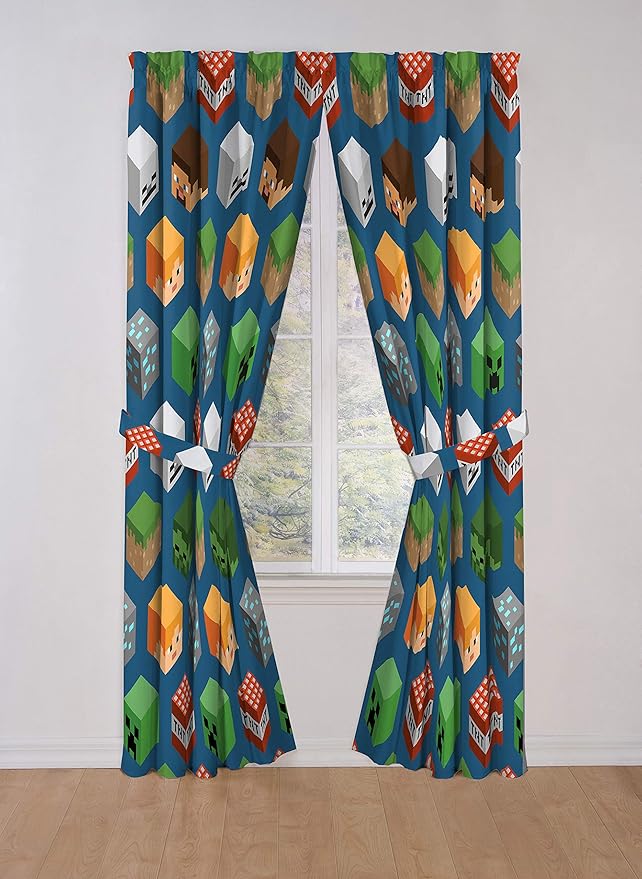 Jay Franco Minecraft Isometric Blue 84" Inch Drapes 4 Piece Set - Beautiful Room Décor & Easy Set Up, Bedding Features Creeper - Window Curtains Include 2 Panels & 2 Tiebacks