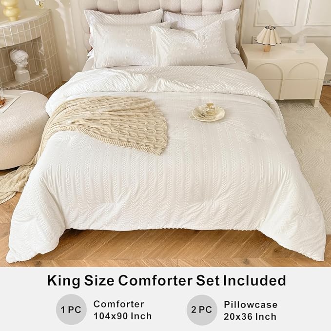 Boho Comforter Set King Size Striped Pleats Bohemian Seersucker Bedding Set All Season Soft Cozy 3 Pieces Quilt with 2 Pillowcases(104"X90" White)