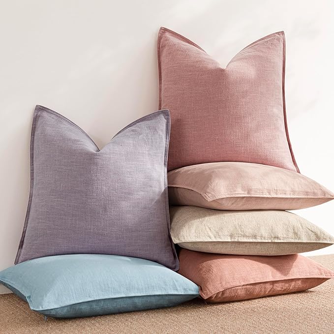 Foindtower Pack of 2, Decorative Linen Soild Throw Pillow Covers Soft Accent Cushion Euro Case Boho Farmhouse Pillowcase for Chair Couch Sofa Bedroom Living Room Home Decor 18 x 18 Inch Rose Pink