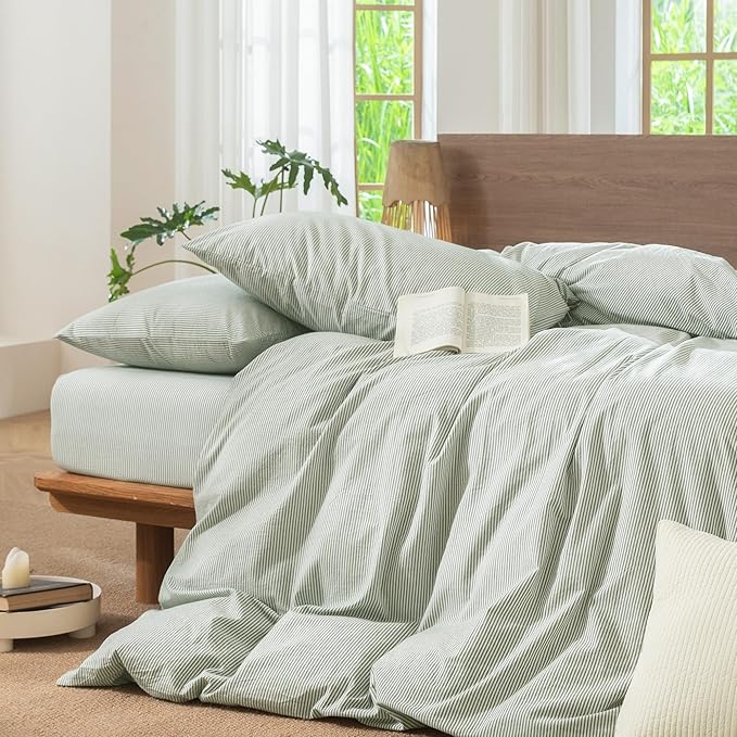 MooMee Striped Duvet Cover Set 100% Washed Cotton Linen Like Textured Breathable Durable Soft Comfy (Sage Green White Pinstripes, Cal King 104"x98")