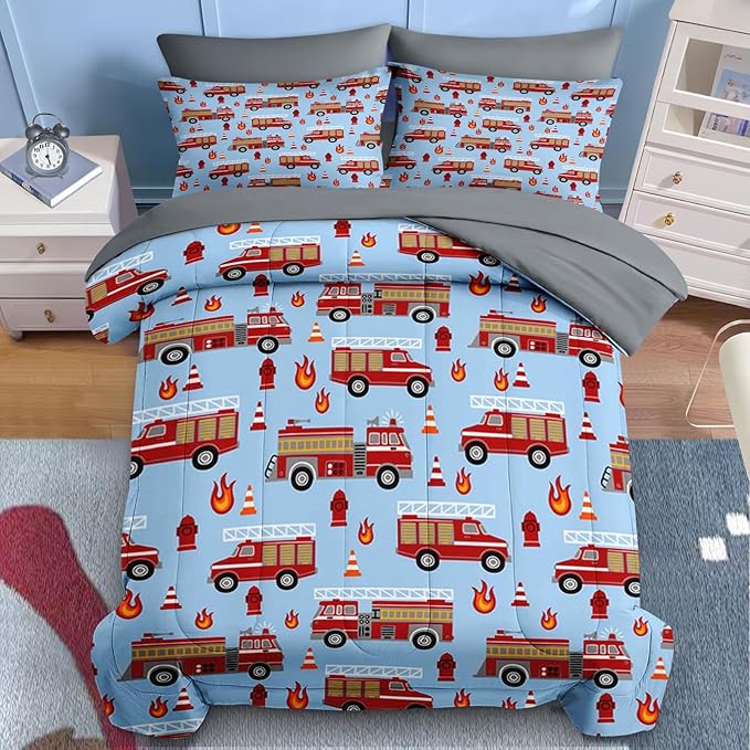 Nesker 5 Pcs Comforter Set Twin Size, Red Fire Engine Bedding for Kids Teen, Fire-Fighting Trucks Vehicle Bed Sheet with Pillowcase & Sham