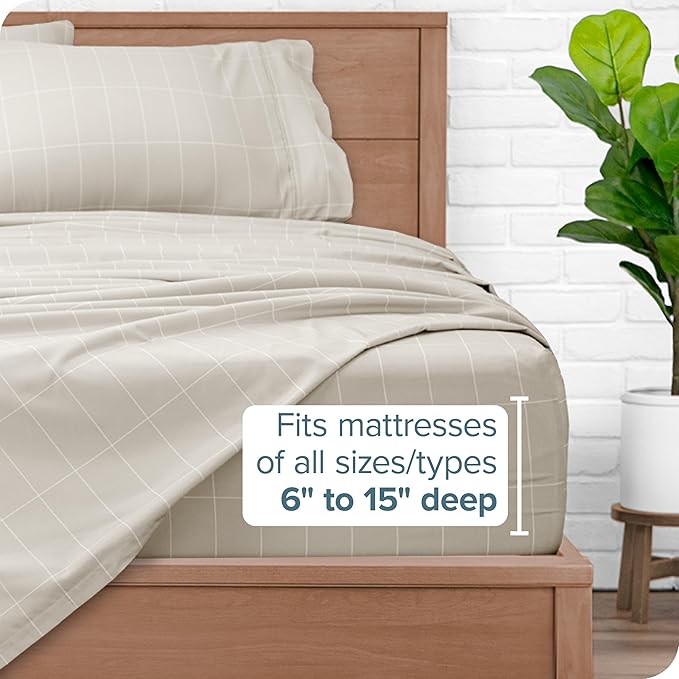 Bare Home California King Sheet Set - 1800 Ultra-Soft Microfiber Cal King Bed Sheets - Double Brushed - Deep Pocket - Easy Fit - 4 Piece Set (California King, Grid - Stone/White)