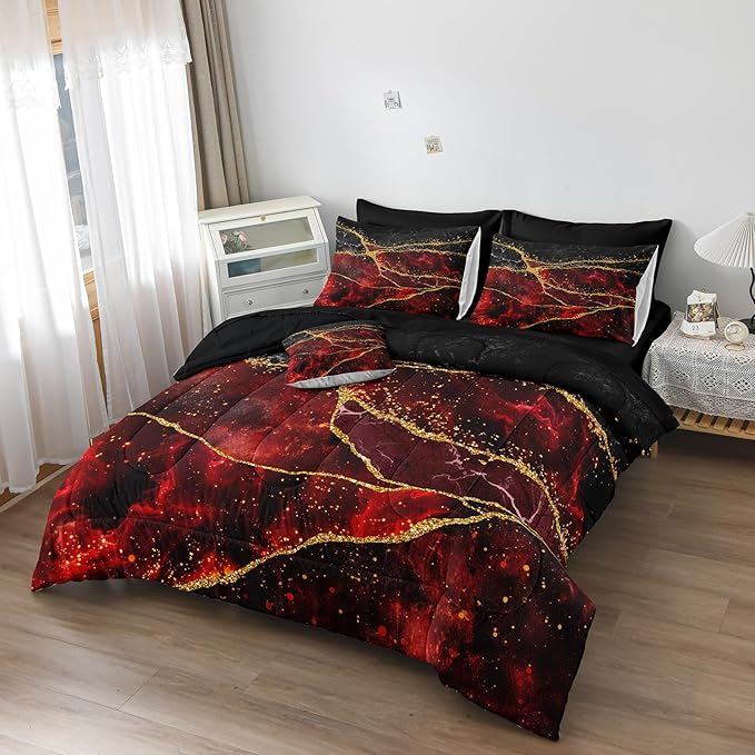 Black Gold Comforter Set 8 Pcs Red Marble Bedding Queen Size Bed in A Bag Stone Texture Abstract Room Decor