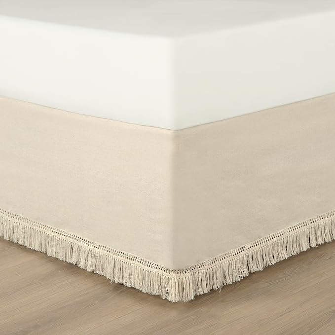 Lush Decor Boho Fringe 15-Inch Tailored Drop Easy Fit Bed Skirt Queen Size Single 60" W x 80" L +15" Neutral - Queen Bed Skirt - Wrap Around Bed Skirt