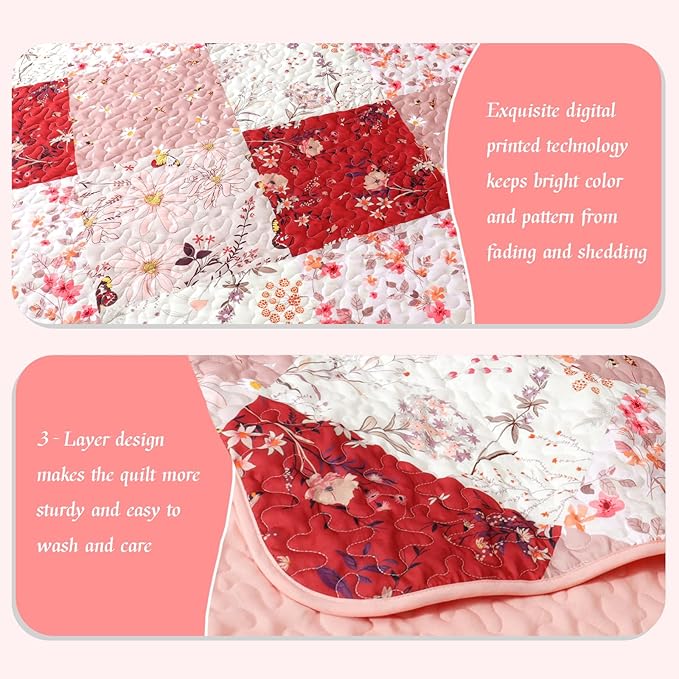 Whale Flotilla Patchwork Quilt King Size, Extra Soft Boho Floral Bedspreads for Bed Reversible Lightweight King Quilt Bedding Set Printed Coverlets with 2 Pillow Shams for All Seasons, Red
