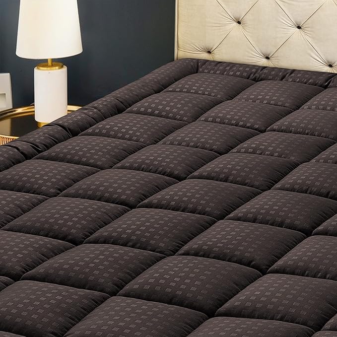 HYLEORY King Mattress Pad Quilted Fitted Mattress Protector Cooling Pillow Top Mattress Cover Breathable Fluffy Soft Mattress Topper with 8-21" Deep Pocket, Brown