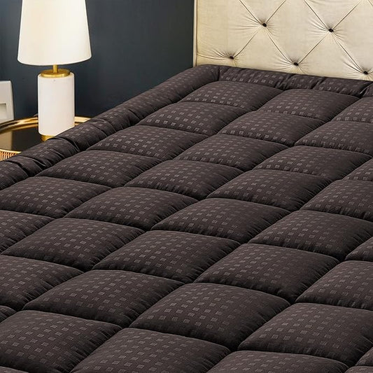 HYLEORY King Mattress Pad Quilted Fitted Mattress Protector Cooling Pillow Top Mattress Cover Breathable Fluffy Soft Mattress Topper with 8-21" Deep Pocket, Brown