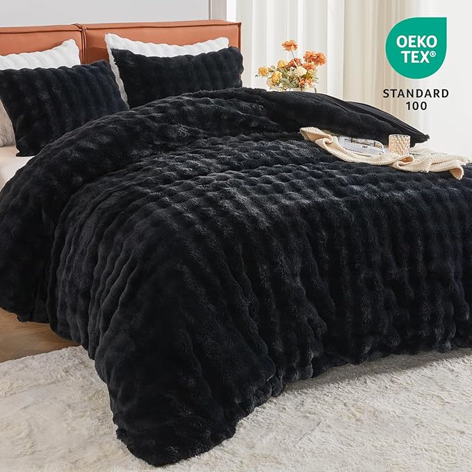 EMME Faux Fur Duvet Cover Twin Size, 2 Pieces Ultra Soft Fluffy Comforter Cover, Cozy Warm for Winter, Luxury Elegant Shaggy Bubble Design Bedding, 1 Duvet Cover & 1 Pillow Shams (Twin, Black)