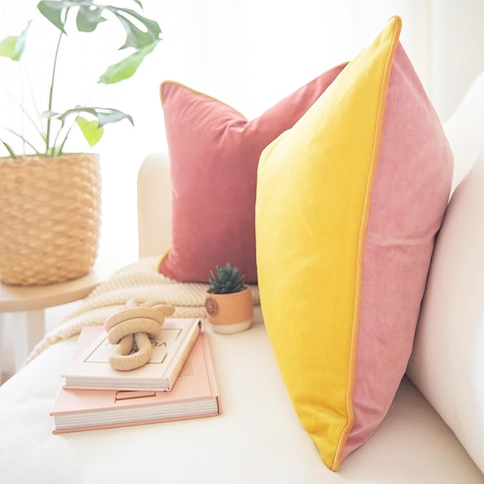 MONDAY MOOSE Decorative Throw Pillow Covers Cushion Cases, Set of 2 Soft Velvet Modern Double-Sided Designs, Mix and Match for Home Decor, Pillow Inserts Not Included (20x20 inch, Yellow/Pink)