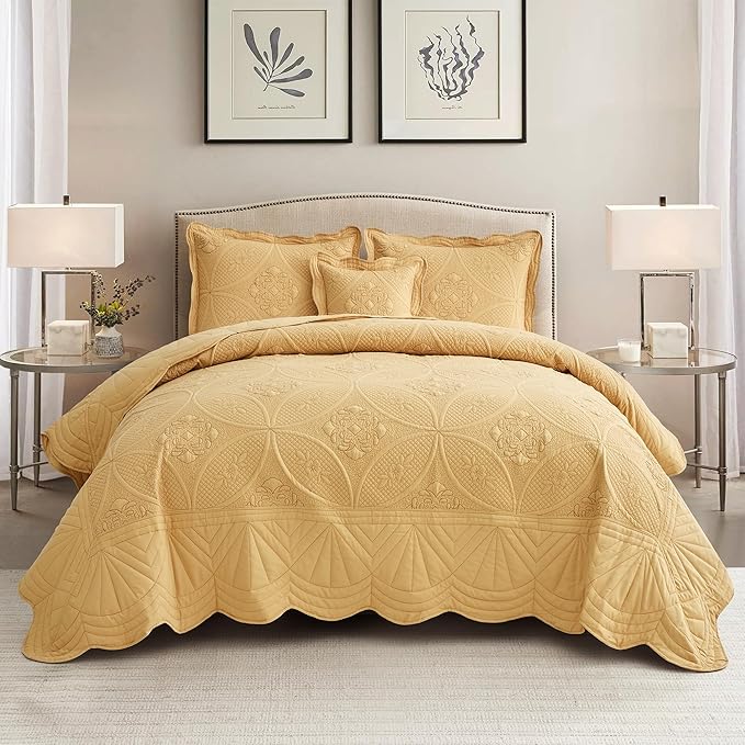 Oversized Bedspread - Queen Size Bedding Cover - Modern & Contemporary Coverlet Set, Real Stitching, Reversible, Lightweight, 5 Piece, Honey Gold