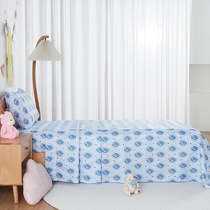 Kids Sheet Set Twin Size, Twin Sheet Set with Striped Flower Pattern，Breathable Silky Soft Microfiber Kids Fitted Sheet