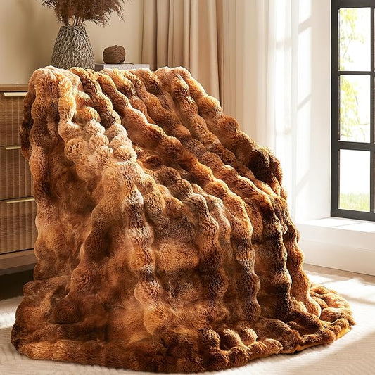 L'AGRATY Faux Fur Throw Blanket: 60" x 80" Luxury Soft Fluffy Thick Rabbit Fur Blankets for Twin Bed Couch - Cozy Plush Bubble Blankets for Home Decor: Warm Flannel Fleece Decorative Blanket