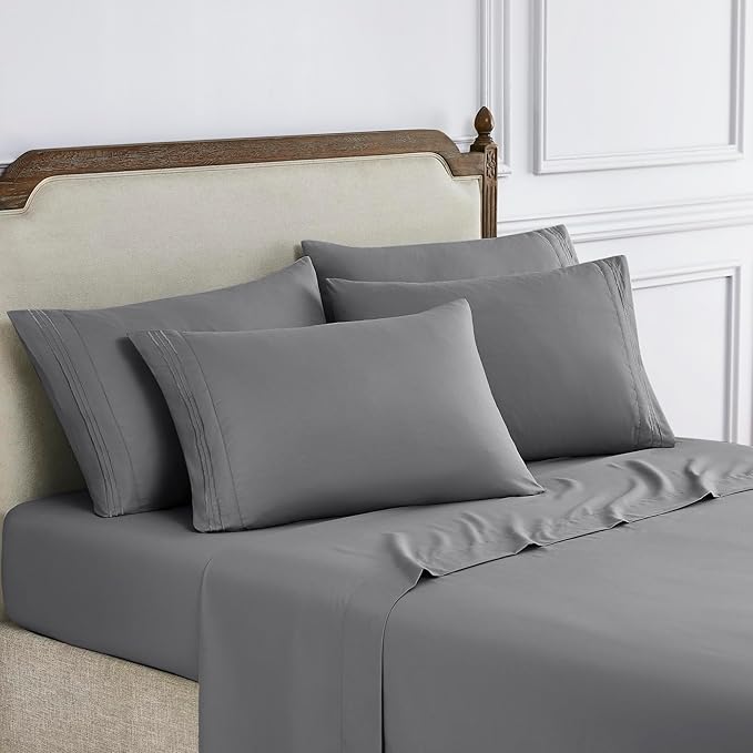 Modern Threads 6-Piece Bed Sheet Set - Deep Pocket, Soft Brushed Microfiber Sheets, Cool & Breathable for Mattress Up to 21 Inches, Includes 4 Pillowcases, Flat & Fitted Sheets, Gray Full