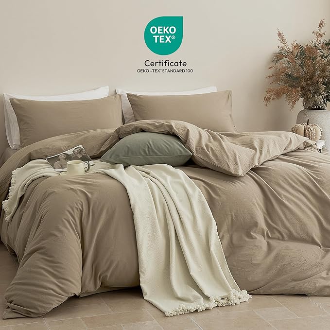 JELLYMONI Duvet Cover Queen Size - Washed Cotton Comforter Cover with Linen-Like Texture,Breathable & Soft Bedding for Modern Home,Guest Room and Everyday Use,Dusty Khaki 1 Duvet Cover & 2 Pillowcases