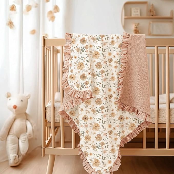 Konssy Flounce Muslin Baby Blankets, Cotton Crib Blanket for Baby Infant Toddler, Super Soft and Lightweight Nursery Blankets 40"x36" (Flourish)