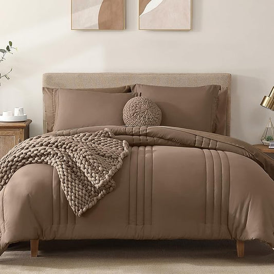 Monbix Queen Comforter Set - 7 Pieces Raw Umber Bed in a Bag Queen Bedding Sets with Comforters, All Seasons Comforter Bed Set with Sheets, Pillowcases & Shams