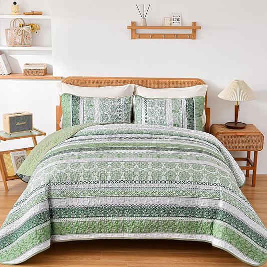 WONGS BEDDING Boho Quilt Set Queen Size, Green Bohemian 3 Pieces Quilt Sets, Lightweight Bedspread Coverlet Bedding Set for All Season (96"x90")