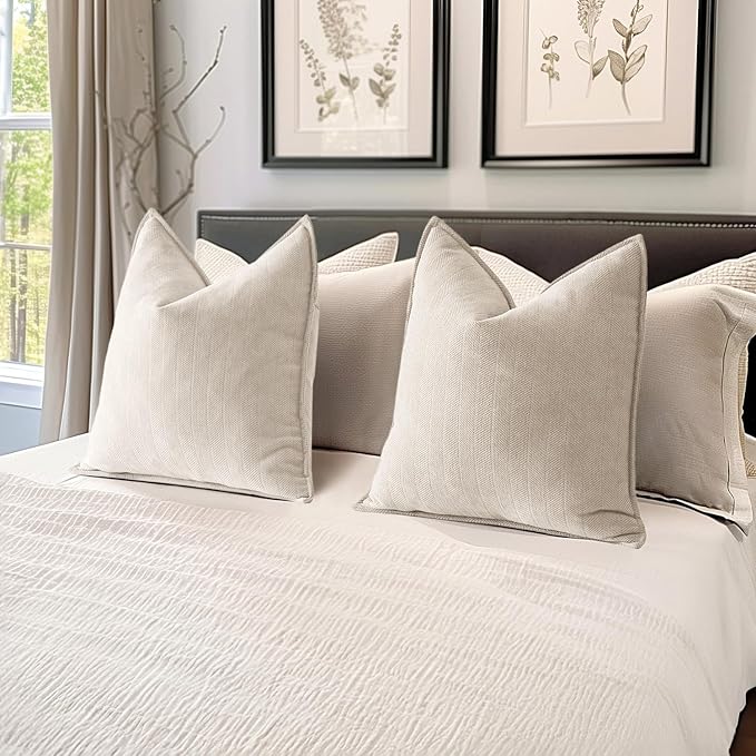 MIULEE Pack of 2 Cream Beige Decorative Pillow Covers 24x24 Inch Soft Chenille Couch Throw Pillows Farmhouse Cushion Covers Euro Shams with Elegant Design for Sofa Bedroom Living Room Spring Decor