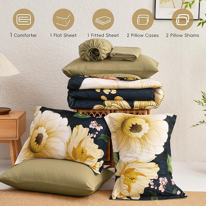 Xruibed Dark Green Floral Comforter Set King Size 7 Pieces Bed in a Bag Flower Bedding Sets Lightweight Boho Bed Set with Sheet,Pillowcases&Shams for All Season