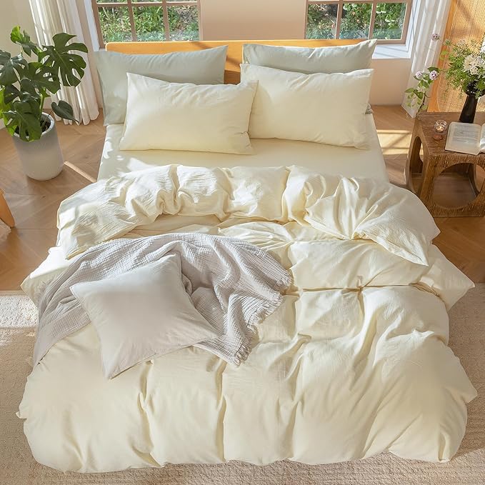MooMee Bedding Duvet Cover Set 100% Washed Cotton Linen Like Textured Breathable Durable Soft Comfy (Solid Cream, Super King 108"x90")