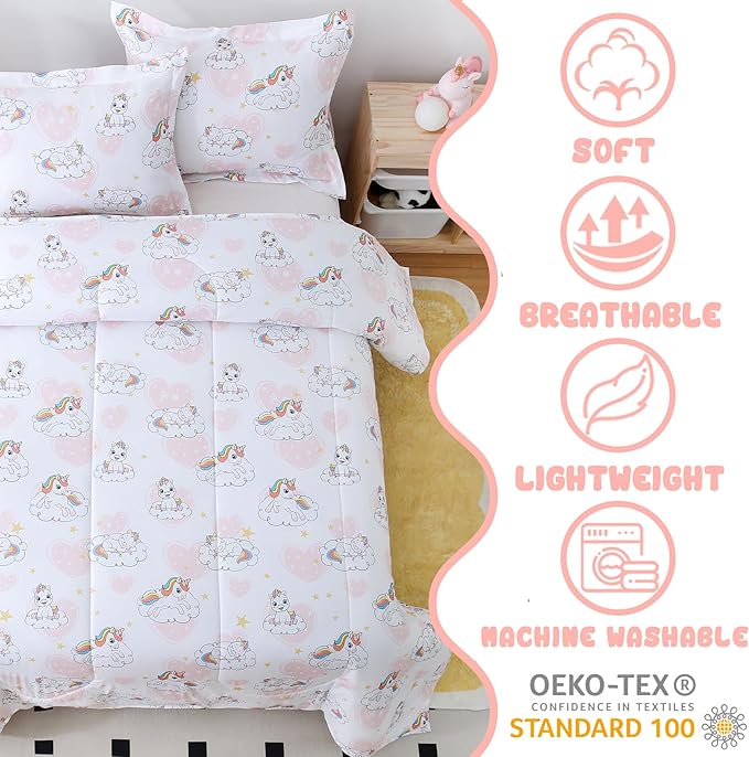 Yibeizi Twin Bed Comforter Set, Kids Unicorn Pattern Lightweight All-Season Comforter Set Cute Pink Heart Microfiber Breathable Hypoallergenic Soft Oeko-Tex Bedding Comforter Sets