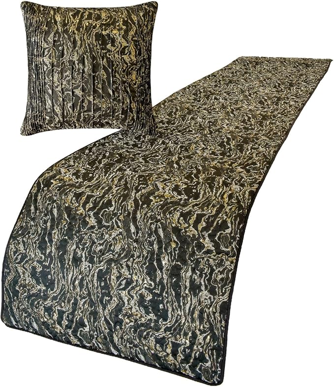 The HomeCentric King/Queen/Twin Black Decorative Bed Runner Queen 74"x18" Bed Runner Without Pillow Cover, Marble Pattern, Pintucks, Quilted Bed Scarf on Jacquard Fabric - Stellaris