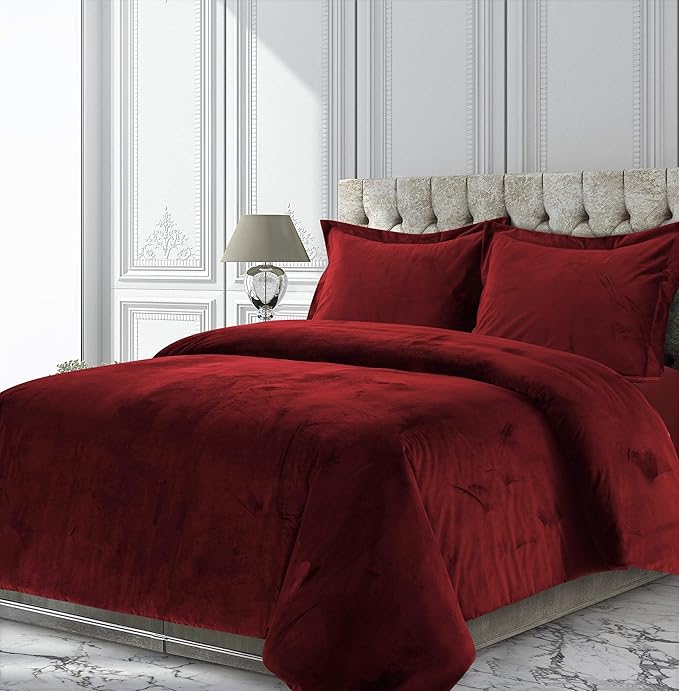 Burgundy 5 Piece Velvet Comforter Set Super King Size (Comforter + 4 Pillowcases) Crinkle Crushed 400 GSM