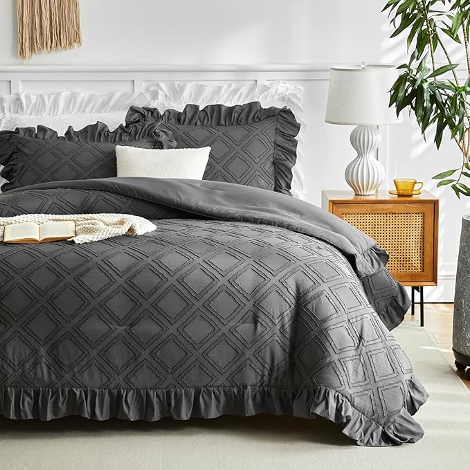 Flysheep Tufted Grids Ruffle Comforter Set Twin Size, 3 Pieces Dark Grey Vintage Farmhouse Shabby Chic Comforters, Jacquard Boho Bohemian Bedding Set for Kids (1 Ruffled Comforter+ 2 Pillow Shams)