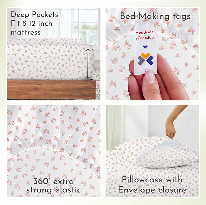 California Design Den Floral Sheet Set Twin XL, 100% Cotton Sheets, 12" Pocket Twin XL Sheets & Pillowcase Set, Soft Sateen Weave - Chic Floral