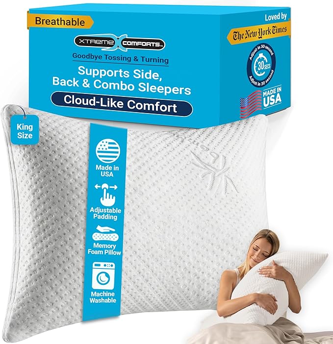 Xtreme Comforts Pillows for Sleeping - Adjustable King Memory Foam Pillow for Side, Back & Stomach Sleepers w/Removable Cooling Zipper Cover - Made in The USA