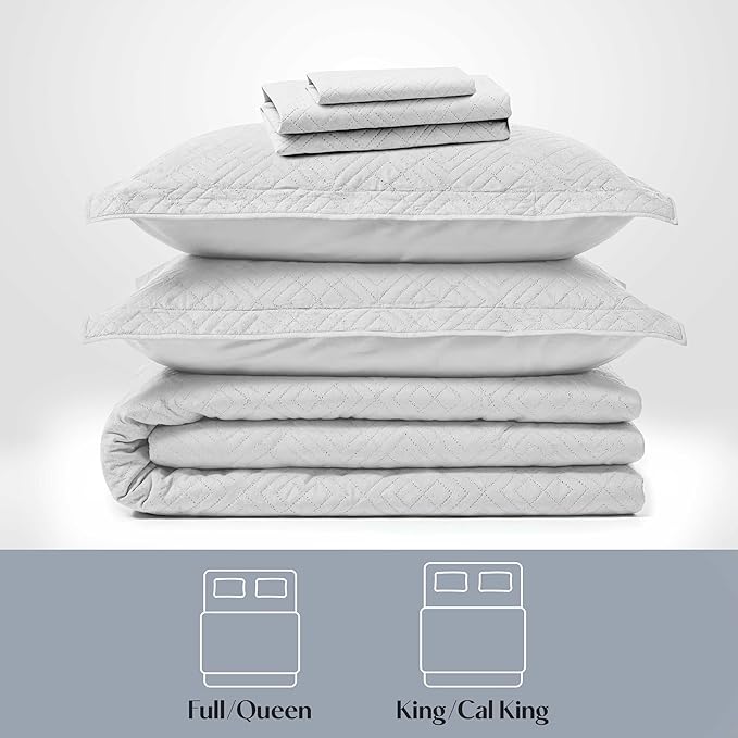 Hearth & Harbor King Quilt Set – All-Season Lightweight Bedspread & Coverlet with Pinsonic Weave - 7 Piece King Quilt Set with Pillow Shams, White - King Diamond