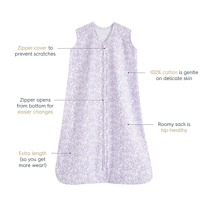 HALO SleepSack, 100% Cotton Wearable Blanket, Swaddle Transition Sleeping Bag, TOG 0.5, Aster Flowers-purple, Small, 0-6 Months