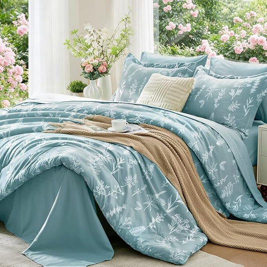MUXHOMO Blue Bed in a Bag King 7 Pieces, King Comforter Set Reversible Botanical Flowers Design, Ultra Soft & Breathable Bedding Sets with Comforter, Sheets, Pillowcases & Shams