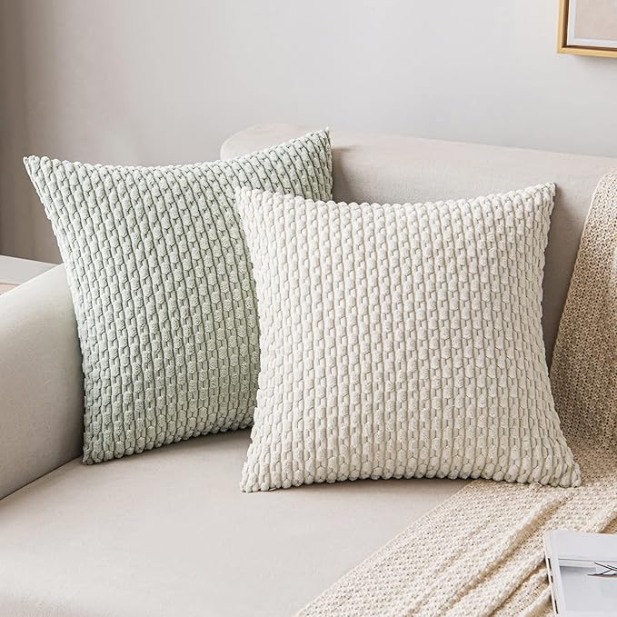 MIULEE Pack of 2 Decorative Throw Pillow Covers 18x18 Inch Soft Boho Striped Textured Corduroy Pillow Covers Modern Farmhouse Home Decor for Couch Bed Sofa Living Room Light Green