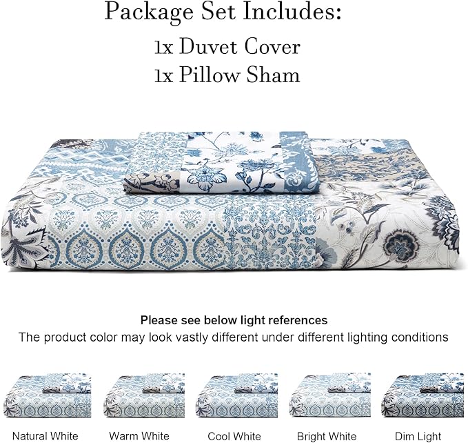 PHF Ultra Soft Floral Duvet Cover Twin Size, Printed boho Bedding Set 2 Pieces, Comfy Farmhouse Reversible Paisley Pattern Duvet Cover Set with 1 Pillow Shams, Zipper Closure and 6 Ties, 68"x90", Blue