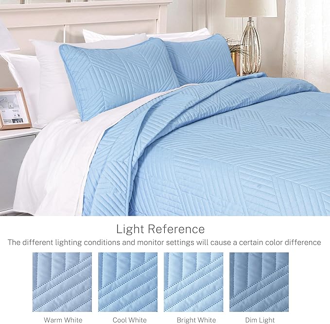 Exclusivo Mezcla Ultrasonic King Quilt Bedding Set, Lightweight Light Blue Bedspreads Soft Modern Geometric Coverlet Set for All Seasons (1 Quilt and 2 Pillow Shams)