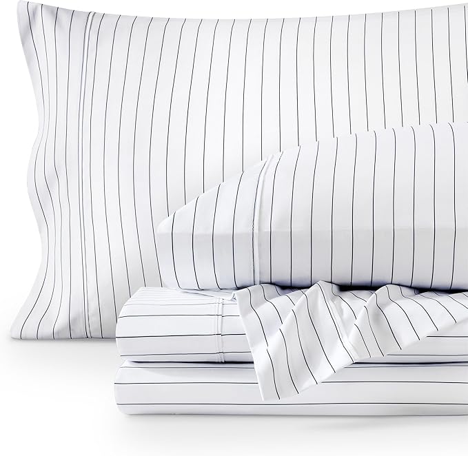 Bare Home Split King Sheet Set - 1800 Ultra-Soft Microfiber Split King Bed Sheets - Double Brushed - Deep Pockets - Easy Fit - 5 Piece Set - Bed Sheets (Split King, Pinstripe - White/Midnight)